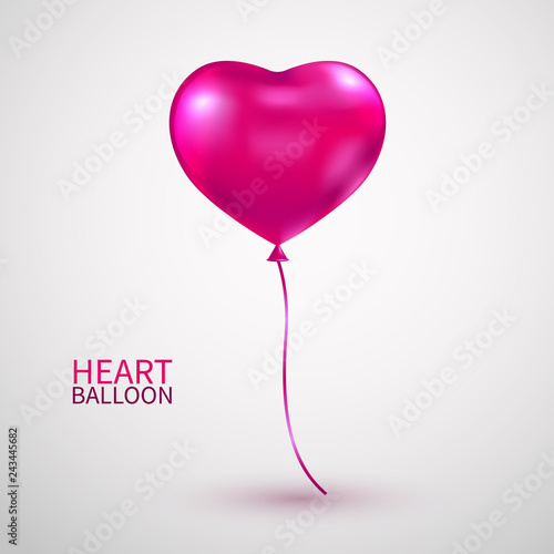 Realistic heart balloon. Pink heart glossy balloon isolated on white background. Holiday backdrop with flying pink balloon. Festive decoration. Happy Valentines Day design element.Vector illustration
