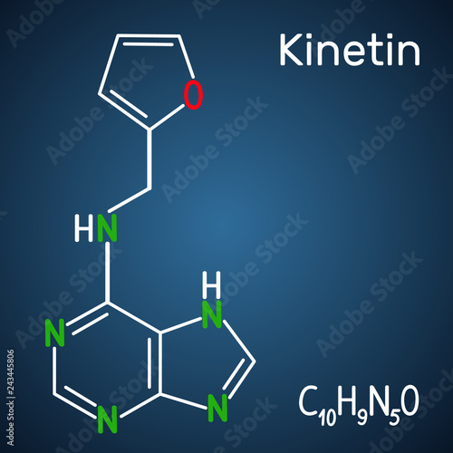 Kinetin (N6-furfuryladenine) molecule. It is plant hormone. Structural chemical formula on the dark blue background