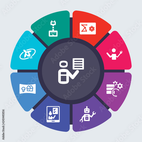 artificial intelligence vector template for infographics. Business concept with 9 options, steps, parts, segments. Banner infographic cycling diagram, round chart, Robot assistant, icons