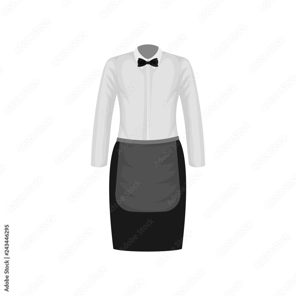 Waitress uniform. White shirt with bow-tie and black skirt with apron.  Clothes of restaurant worker. Flat vector design Stock Vector | Adobe Stock