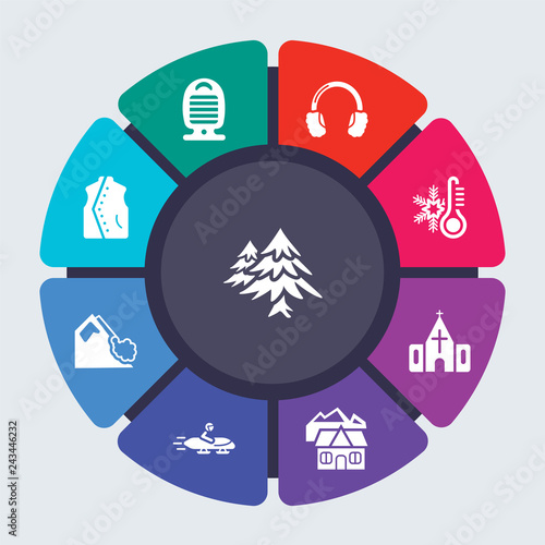 winter vector template for infographics. Business concept with 9 options, steps, parts, segments. Banner infographic cycling diagram, round chart, Fir, Electric heater, Earmuffs, Cold icons