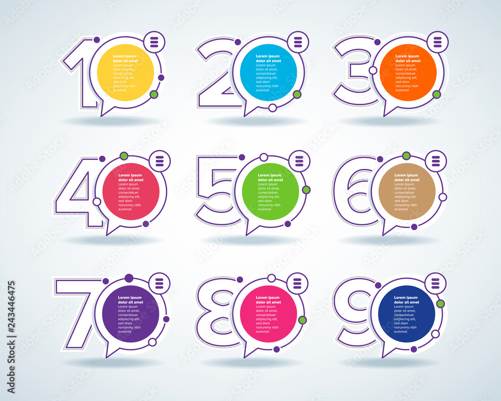 Color Vector Infographic design template with icons and 9 numbers options or steps. Can be used for process diagram, presentations, workflow layout, banner, flow chart, info graph.