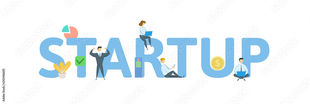 STARTUP word concept banner. Concept with people, letters, and icons. Colored flat vector illustration. Isolated on white background. STARTUP word concept banner. Concept with people, letters, and icons. Colored flat vector illustration. Isolated on white background.