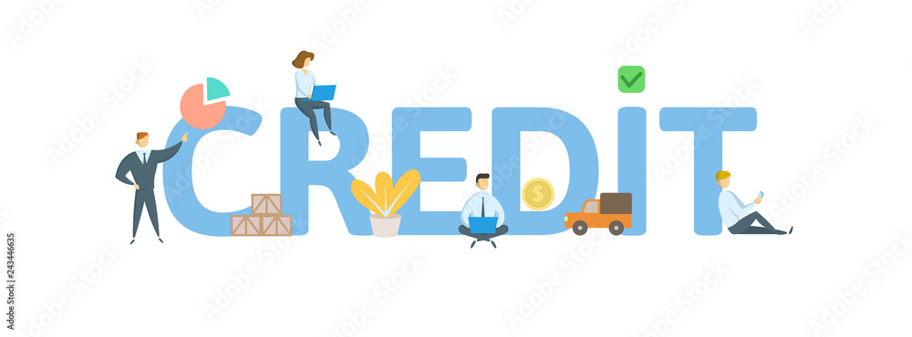 CREDIT word concept banner. Concept with people, letters, and icons. Colored flat vector illustration. Isolated on white background. CREDIT word concept banner. Concept with people, letters, and icons. Colored flat vector illustration. Isolated on white background.