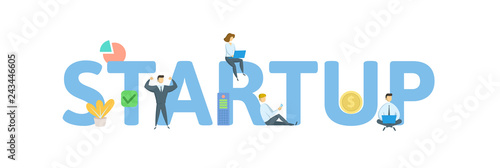 STARTUP word concept banner. Concept with people  letters  and icons. Colored flat vector illustration. Isolated on white background.