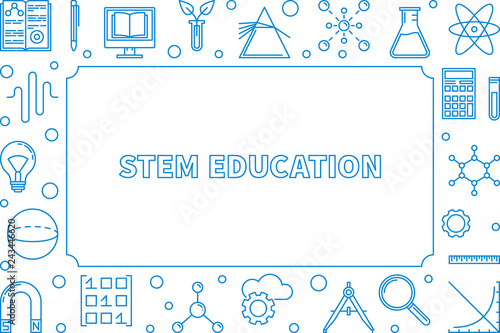 STEM blue horizontal frame with empty space for text. Vector science concept outline illustration or background
