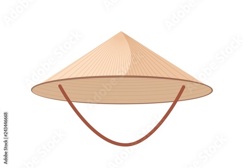 Straw Asian conical or rice hat with strap isolated on white background