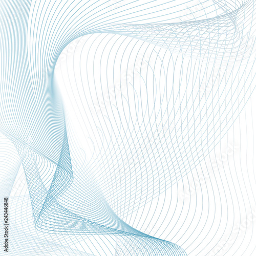 Grid technic abstraction. Vector squiggle, waving light blue, gray subtle curves. Line art tech design. Modern scientific wave pattern on white background. Draped textile imitation. EPS10 illustration