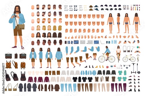 Hipster guy DIY set or animation kit. Man dressed in trendy clothes. Collection of male flat cartoon character body parts, emotions, hairstyles isolated on white background. Vector illustration.