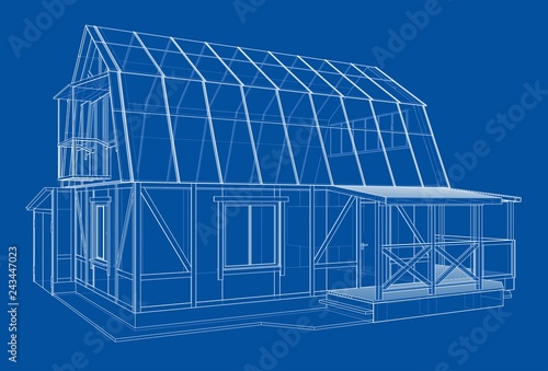 3D rendering of house wireframe structure