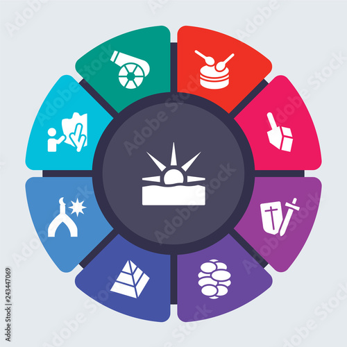 religion vector template for infographics. Business concept with 9 options, steps, parts, segments. Banner infographic cycling diagram, round chart, Fajr dawn Prayer, Eyd Gun, Drum icons