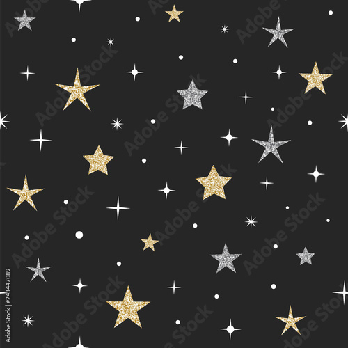Night sky with glittering gold and silver stars. Seamless pattern. Vector.