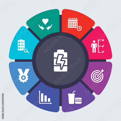 productivity vector template for infographics. Business concept with 9 options, steps, parts, segments. Banner infographic cycling diagram, round chart, Charging, Care icons