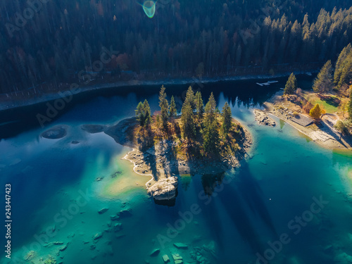 Flims lake at Switzerland drone aerial, alpine mountains, sunny, summer landscape, blue water