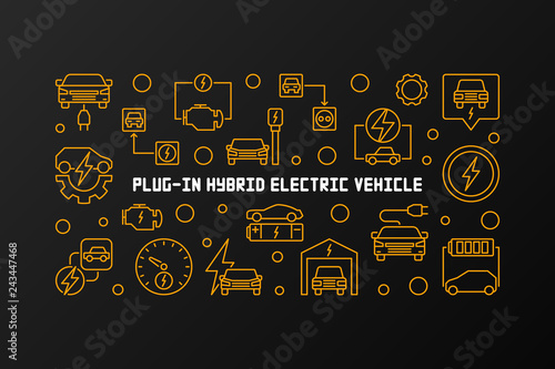 Plug-in hybrid electric vehicle vector horizontal illustration in thin line style. EV concept yellow linear banner 