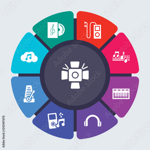 music vector template for infographics. Business concept with 9 options, steps, parts, segments. Banner infographic cycling diagram, round chart, Spotlight, Music Record, player icons