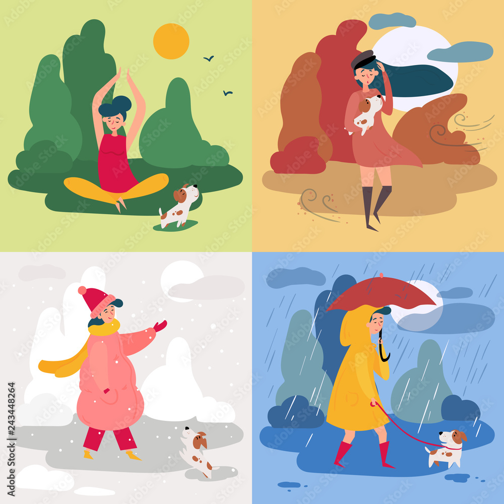 A girl in all four seasons and weather. Windy for autumn, snowy winter ...