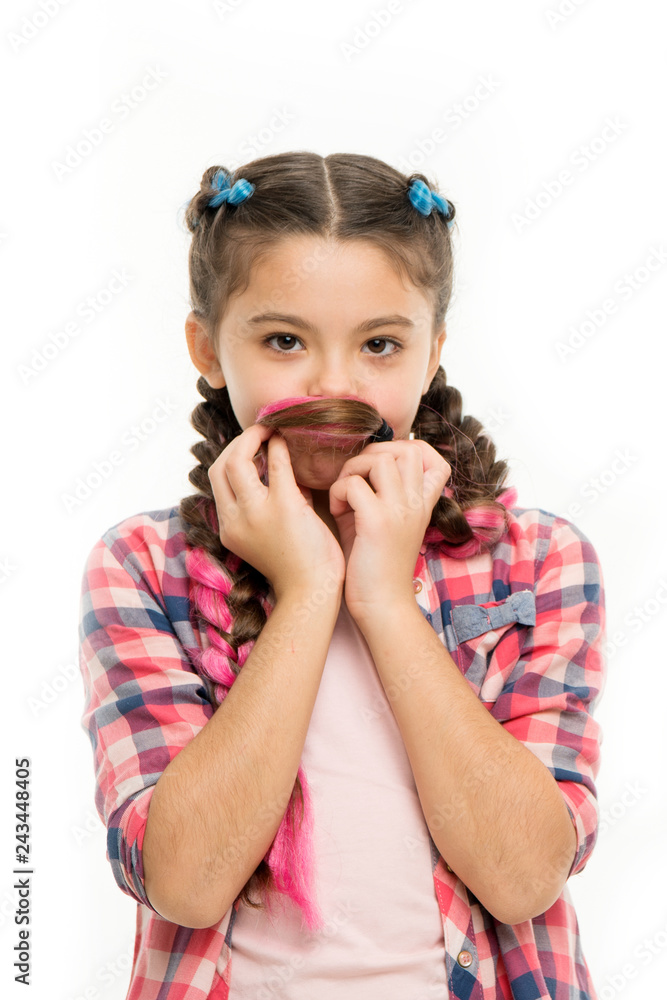 Girl with long braids hairstyle isolated white background. Girl play with long hair. Haircare and hairstyle concept. Colorful braids hairstyle. Barber and hairdresser salon. Playful artificial braids Girl with long braids hairstyle isolated white background. Girl play with long hair. Haircare and hairstyle concept. Colorful braids hairstyle. Barber and hairdresser salon. Playful artificial braids