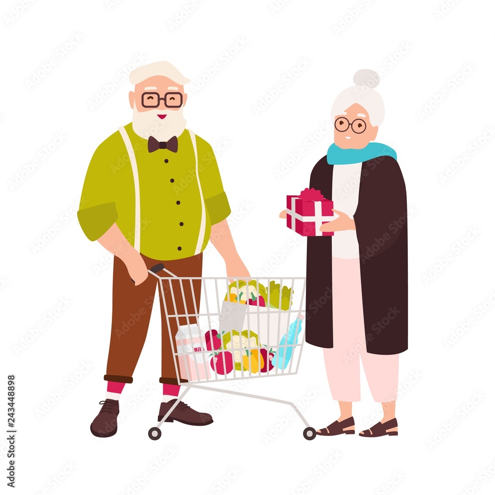 Cute elderly couple with shopping cart full of food products and gift box.  Grandfather and grandmother with purchases. Cartoon characters isolated on  white background. Flat vector illustration. Stock Vector | Adobe Stock