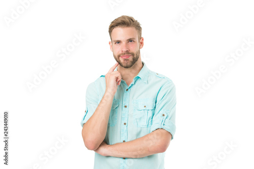 Think to solve. Guy thoughtful touches his chin. Thoughtful mood concept. Think about solution. Close to solution. Man with bristle smiling face thinking white background. Man with beard thinking © be free