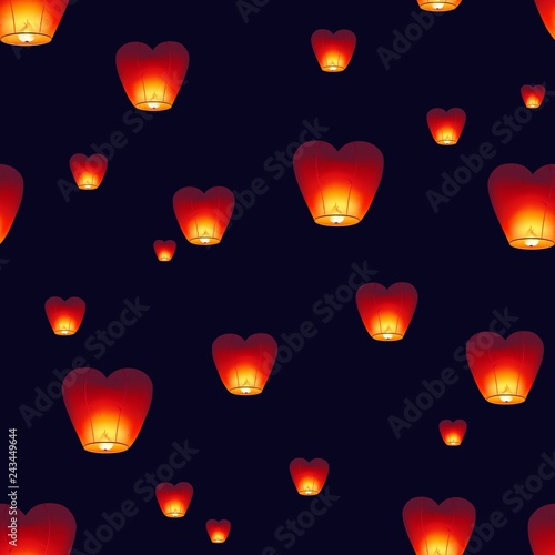 Seamless pattern with traditional Kongming lanterns flying in dark night sky. Backdrop with Chinese decorations for mid autumn festival celebration. Colored vector illustration for textile print.