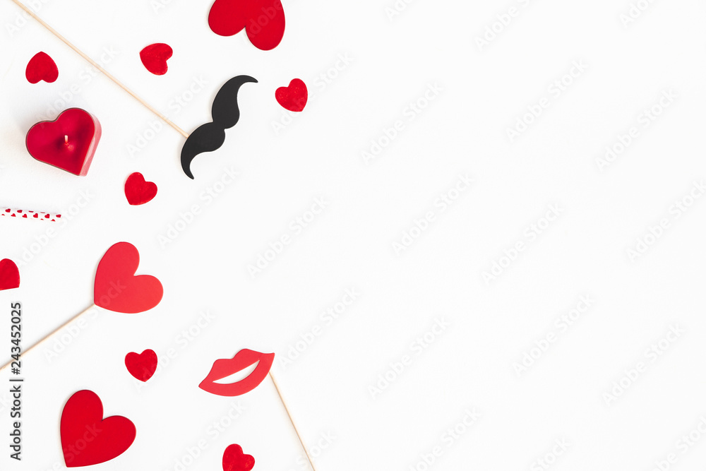 Valentine's day background with party accessories. Valentines day concept. Flat lay, top view, copy space