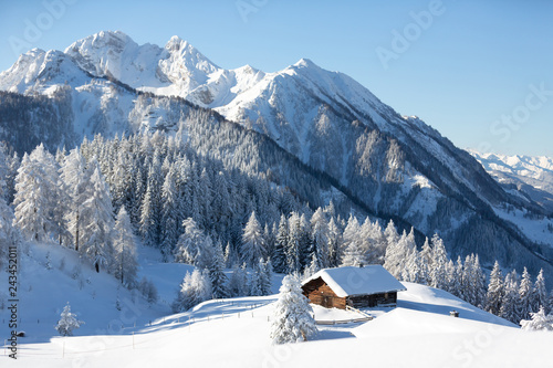 Picturesque winter scene with traditional alpine chalet and snowy forest. Sunny frosty weather with clear blue sky