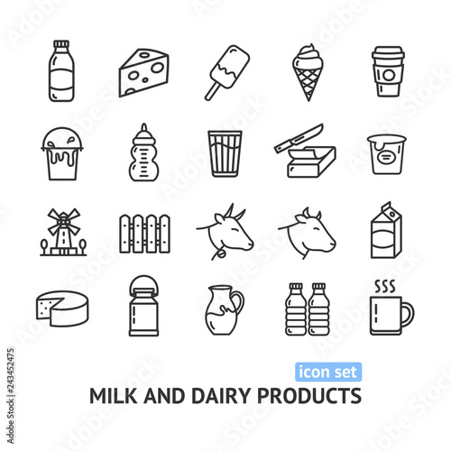 Milk Dairy Products Signs Black Thin Line Icon Set. Vector