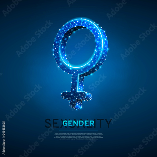 Female gender symbol. Wireframe digital 3d illustration. Low poly women sexuality concept on blue background. Abstract Vector polygonal neon LGBT sign. RGB color mode