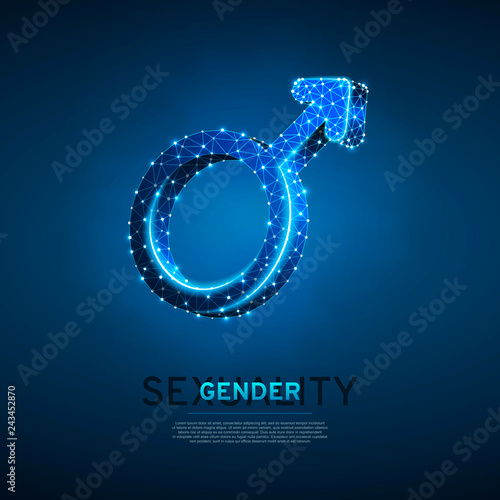 Male gender symbol. Wireframe digital 3d illustration. Low poly men sexuality concept on blue background. Abstract Vector polygonal neon LGBT sign. RGB color mode