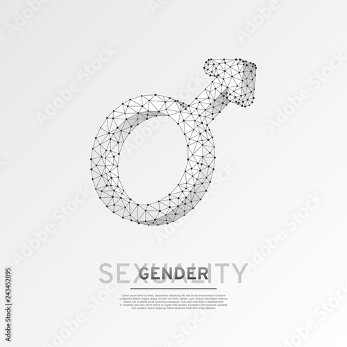Male gender symbol. Wireframe digital 3d illustration. Low poly men sexuality concept on white background. Abstract Vector polygonal origami style LGBT sign. RGB color mode
