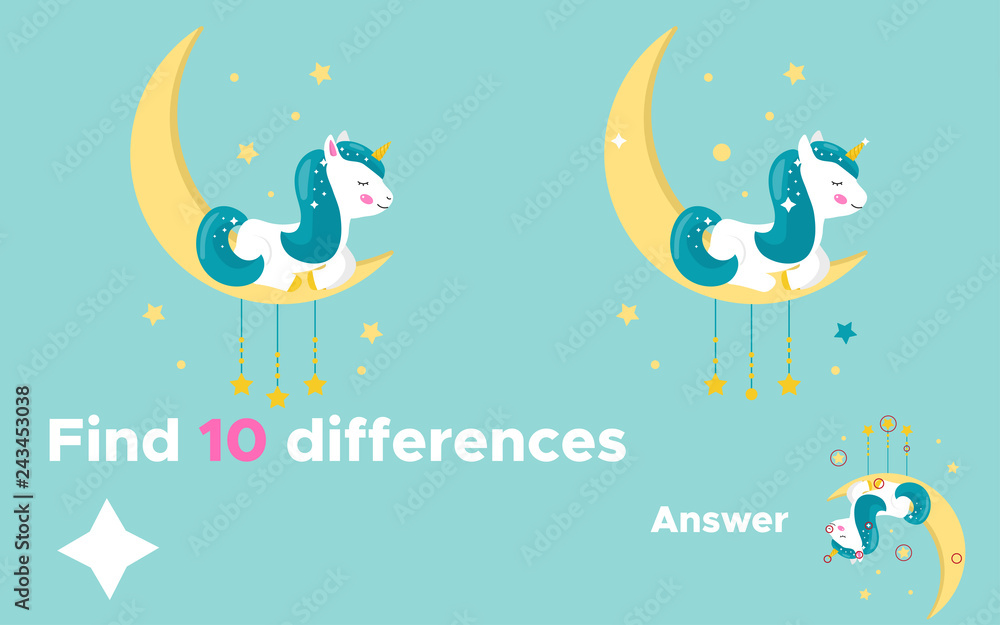 Educational game for preschool kids, find ten differences. With answer. Cute cartoon unicorn is sleeping on the moon. Fairy tale. Vector illustration. Educational game for preschool kids, find ten differences. With answer. Cute cartoon unicorn is sleeping on the moon. Fairy tale. Vector illustration.