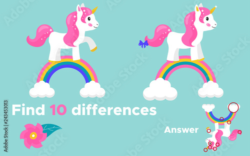 Educational game, find ten differences. With answer. Cute cartoon unicorn on the rainbow. Vector illustration.