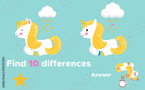 Educational game for preschool kids, find ten differences. With answer. Cute cartoon unicorn with cloud and stars rain. Fairy tale. Vector illustration.