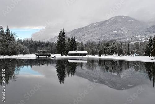 winter lake in France village  Samoens
