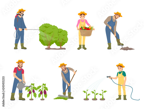 Woman and Man on Land Set Vector Illustration