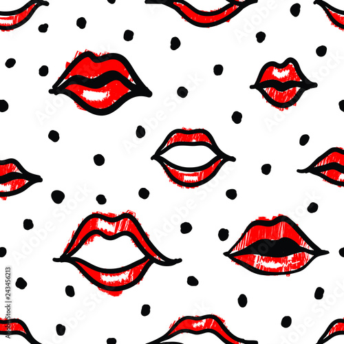 Lips pattern with dots pattern in red and black in vector.