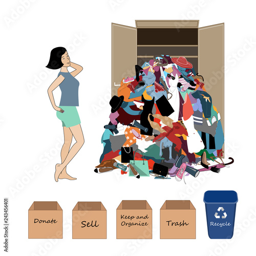 Vector Illustration with a a Woman and a Big Messy Pile of Useless, Old, Cheap, and Oumoded Cothes. Nothing to Wear, and Wardrobe Arrangement Concept.