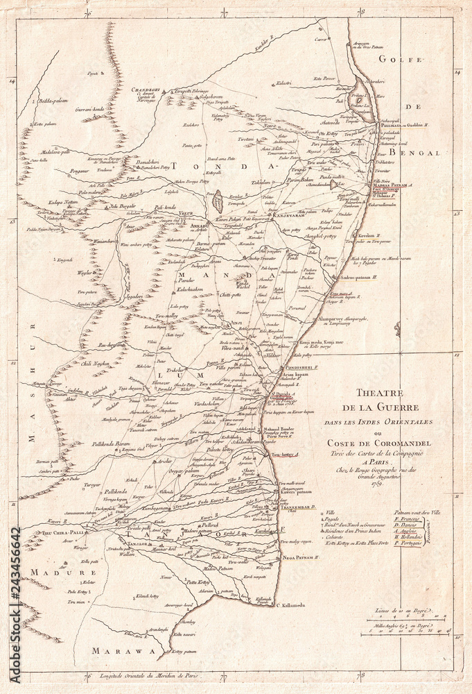 1759, La Rouge Map of Eastern India or Coromandel, Madras and Pondicherry