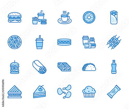 Junk food flat line icons set. Burger, fast snacks, sandwich, french fries, hot dog, mexican burrito, pizza vector illustrations. Thin signs for restaurant menu. Pixel perfect 64x64. Editable Strokes