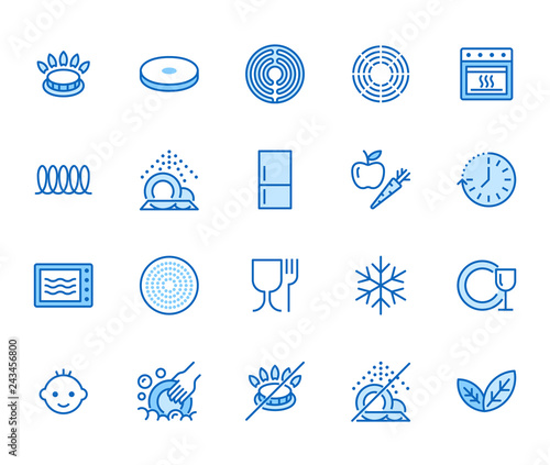 Utensil flat line icons set. Gas burner, induction stove, ceramic hob, non-stick coating, microwave, dishwasher vector illustrations. Thin signs for pan, dishes. Pixel perfect 64x64. Editable Strokes