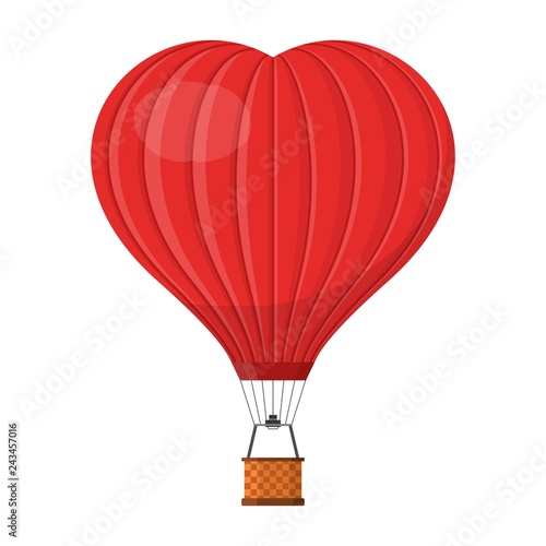 Hot air balloon shape of a heart with basket isolated on white background, Red Aerostat cartoon air-balloon traveling valentine's day, wedding. Vector illustration