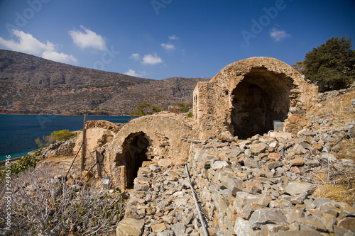 Ruins of apartments on the island of Spinalonga. Spinalonga fortress on the island of Crete, Greece.