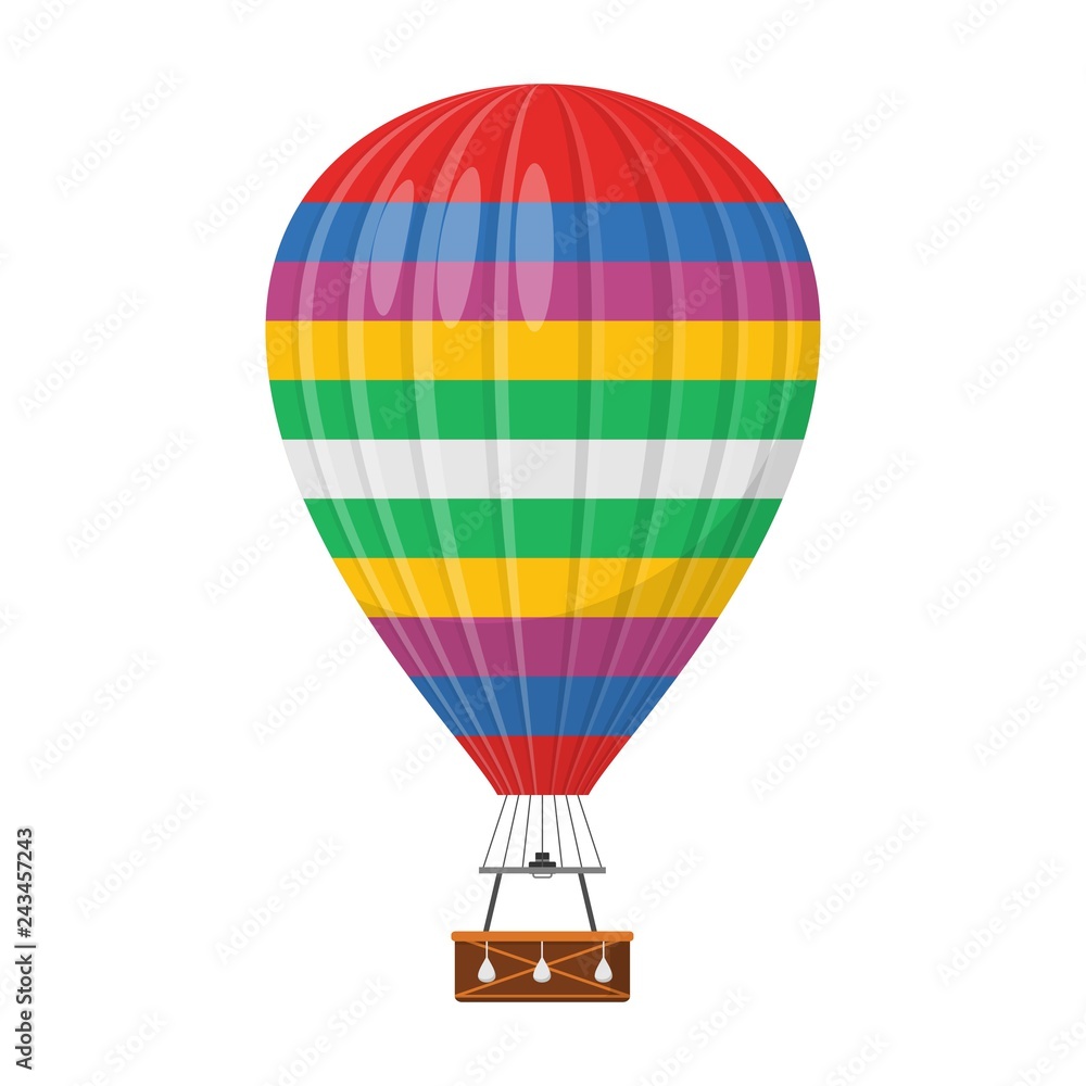 Naklejka premium Aerostat Balloon transport with basket icon isolated on white background, Cartoon rainbow air-balloon ballooning adventure flight, ballooned traveling flying toy, Vector illustration