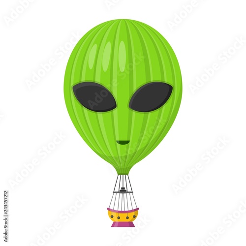 Aerostat Balloon transport in the form of an alien with basket icon isolated on white background, Cartoon air-balloon ballooning adventure flight, ballooned traveling flying toy, Vector illustration