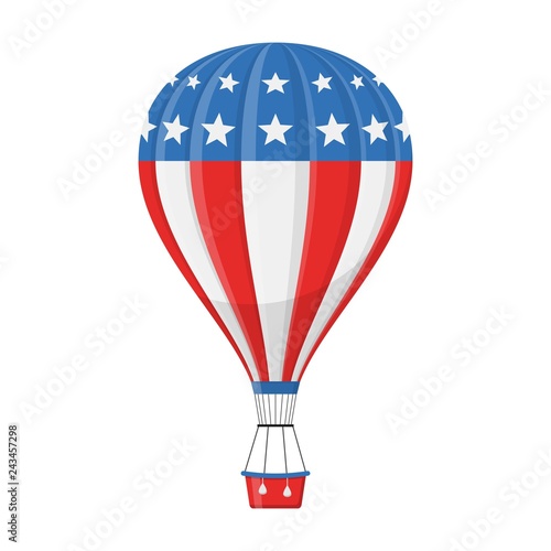 Aerostat Balloon usa flag transport with basket icon isolated on white background, Cartoon american ballooning adventure flight, ballooned traveling flying toy, Vector illustration