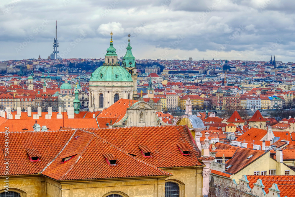Panoramic view on Saint Nicholas Catholic Church in Prague (Praha), Czech Republic