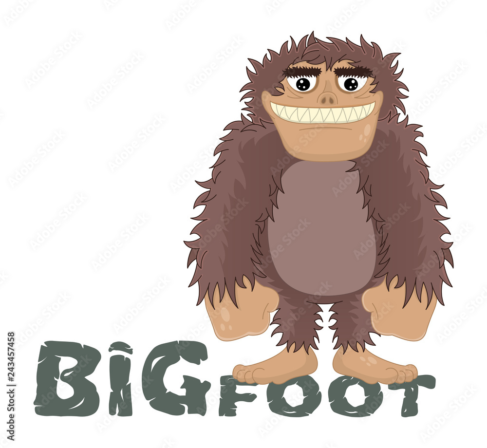 Vector funny cartoon sasquatch, yeti, bigfoot standing friendly smile