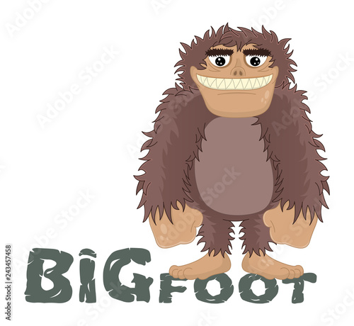 Vector funny cartoon sasquatch, yeti, bigfoot standing friendly smile. Caveman standing and smiling while standing on the letters. Design for print, emblem, t-shirt, party decoration, logotype. 