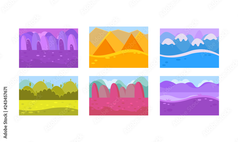 Flat vector set of seamless backgrounds for mobile game. Landscapes with hills, forests, snowy mountains and pyramids